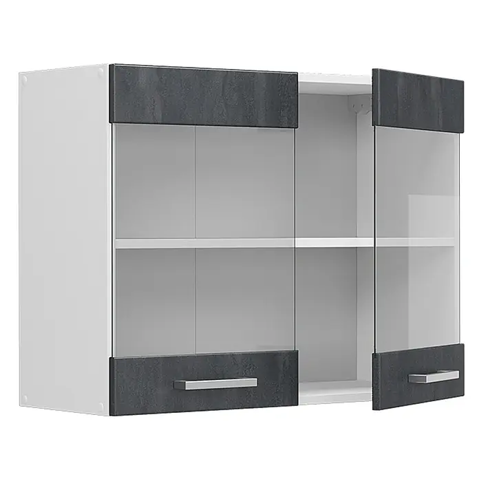 Vicco Schrankküche R-Line Schwarz Beton - Schwarz Beton, Hängeglasschrank 80 cm - Weißer Hängeschrank mit dunkelgrauen strukturierten Türpaneelen, Glasfronten und silbernen Griffen. Mit Innenregal.