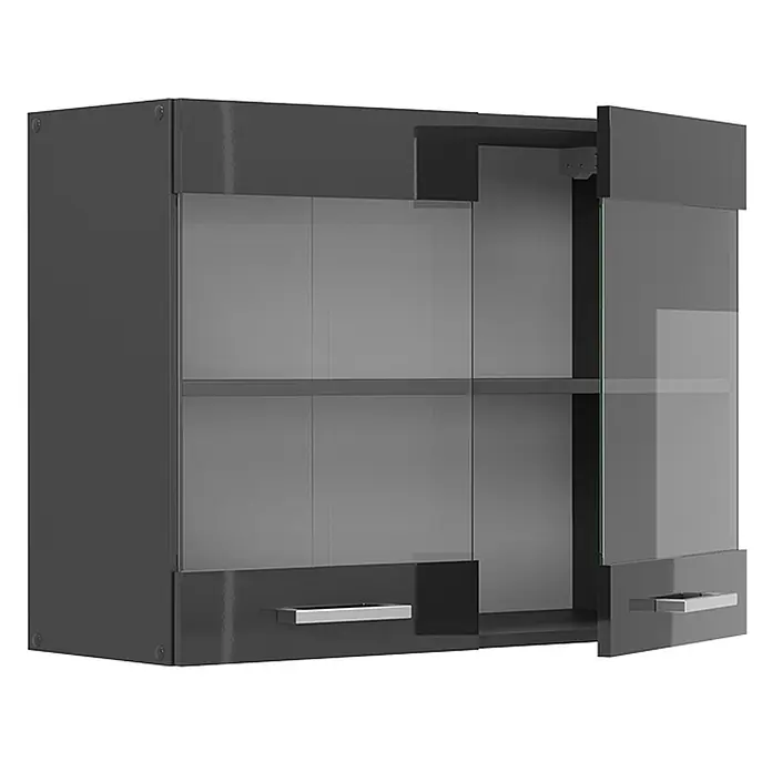 Vicco Schrankküche R-Line Anthrazit Hochglanz - Anthrazit Hochglanz, Hängeglasschrank 80 cm - Dunkelgrauer Hochglanz-Wandschrank mit Glastüren und silbernen Griffen, eine Tür offen mit Innenregalen.