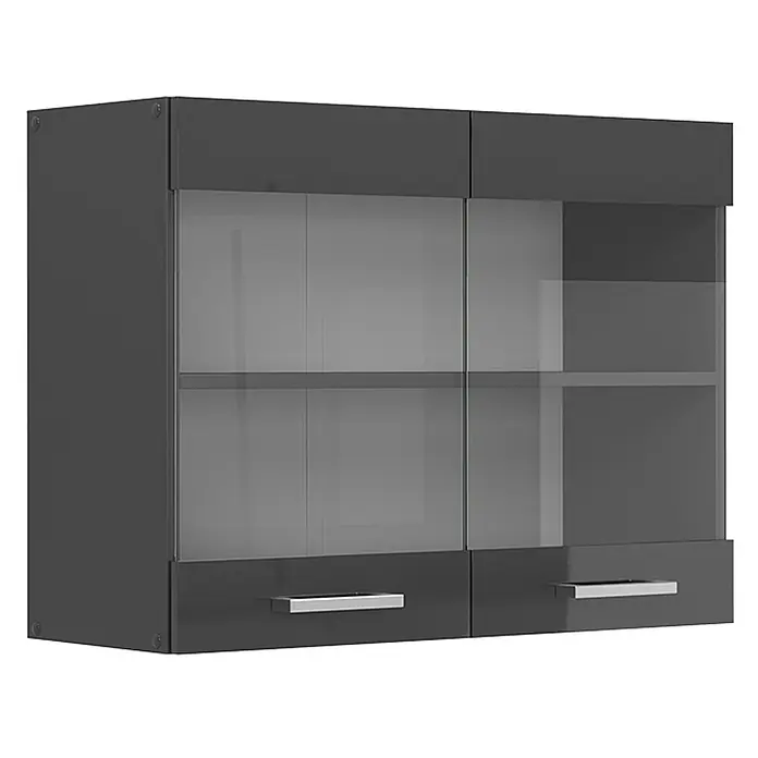 Vicco Schrankküche R-Line Anthrazit Hochglanz - Anthrazit Hochglanz, Hängeglasschrank 80 cm - Dunkelgrauer Hochglanz-Hängeschrank mit zwei Glastüren und zwei unteren Schubladen mit silbernen Griffen.