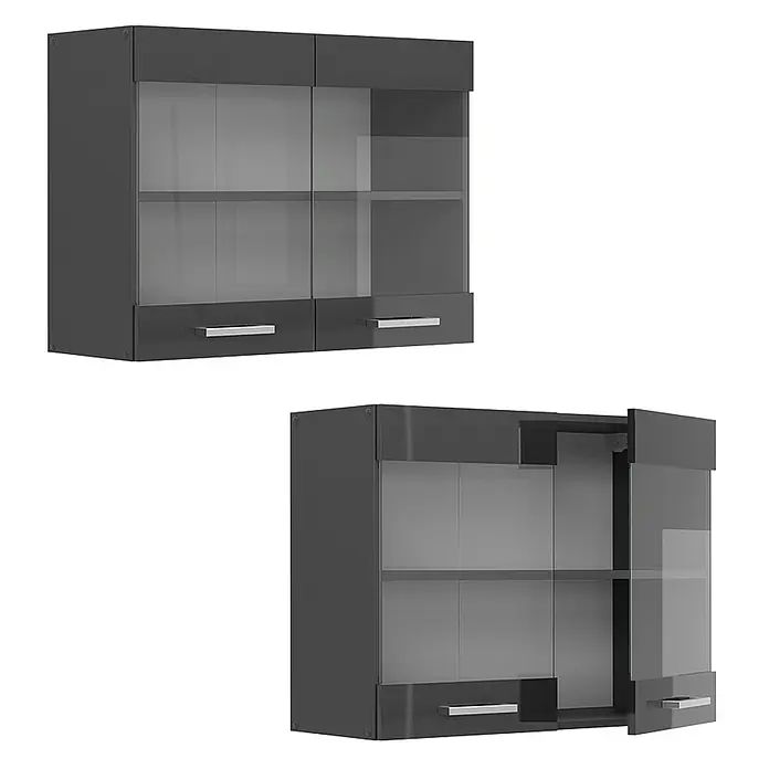 Vicco Schrankküche R-Line Anthrazit Hochglanz - Anthrazit Hochglanz, Hängeglasschrank 80 cm - Dunkelgrauer Wandschrank mit zwei Glastüren und zwei Schubladen.