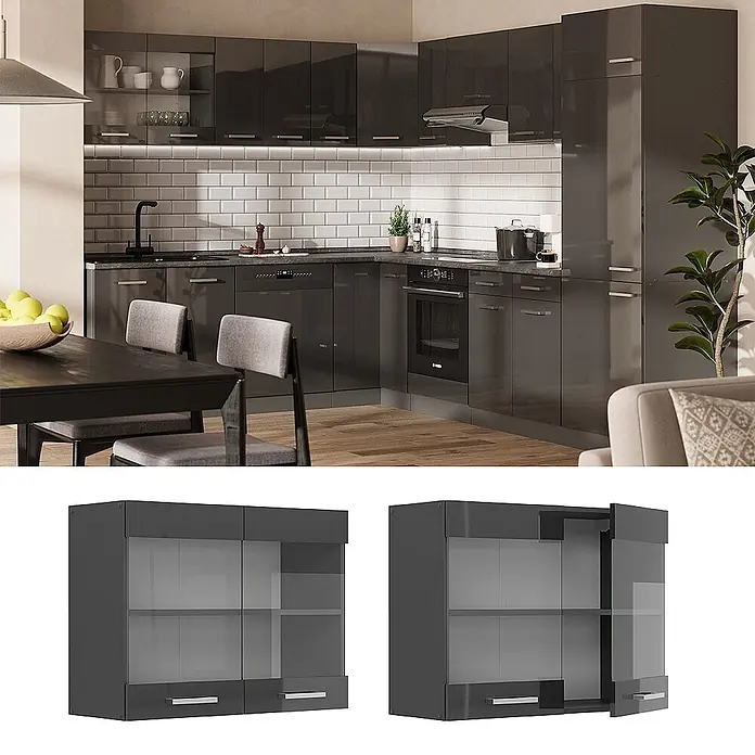 Vicco Schrankküche R-Line Anthrazit Hochglanz - Anthrazit Hochglanz, Hängeglasschrank 80 cm - Moderne hochglanzgraue Küchenschränke, teilweise mit Glastüren, integriert in eine zeitgenössische Küche.
