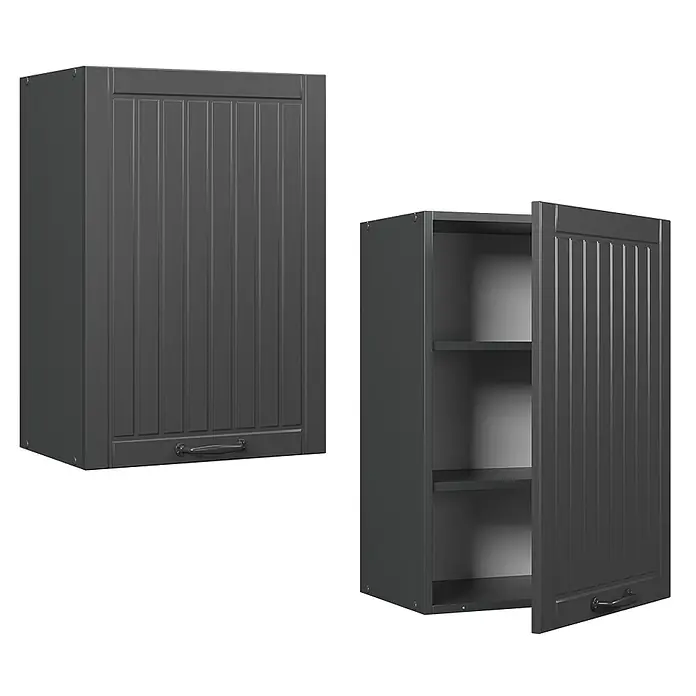 Vicco Schrankküche Fame-Line Dunkelgrau - Dunkelgrau, Hängeschrank 50 cm - Zwei dunkelgraue Hängeschränke mit Lamellentüren, einer geschlossen, einer offen mit Regalböden.