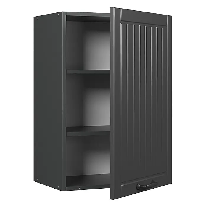 Vicco Schrankküche Fame-Line Dunkelgrau - Dunkelgrau, Hängeschrank 50 cm - Dunkelgrauer Wandschrank mit offener Lamellentür und schwarzem Griff, zeigt zwei Innenböden.
