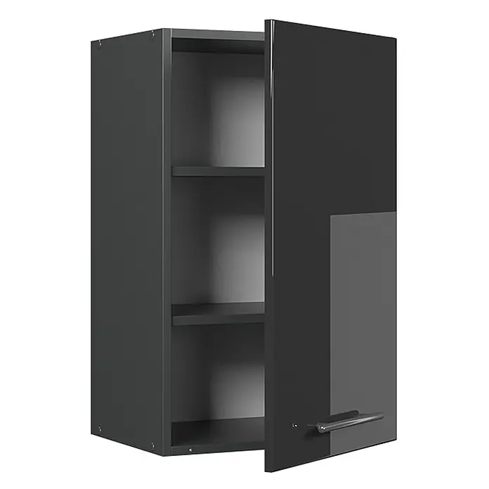 Vicco Schrankküche Fame-Line Anthrazit Hochglanz - Anthrazit Hochglanz, Hängeschrank 45 cm - Dunkelgrauer Wandschrank mit glänzender, leicht geöffneter Tür, die zwei Innenfächer und einen Metallgriff zeigt.