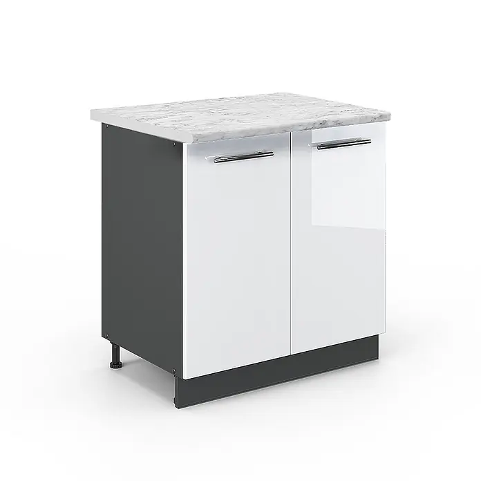 Vicco Schrankküche Fame-Line Weiß Hochglanz mit Regal, AP Marmor - Weiß Hochglanz, Unterschrank 80 cm, AP Marmor - Weißer Hochglanz-Küchenunterschrank mit dunkelgrauem Rahmen, weißer Marmor-Arbeitsplatte und Chromgriffen, mit dunkelgrauem Sockel.