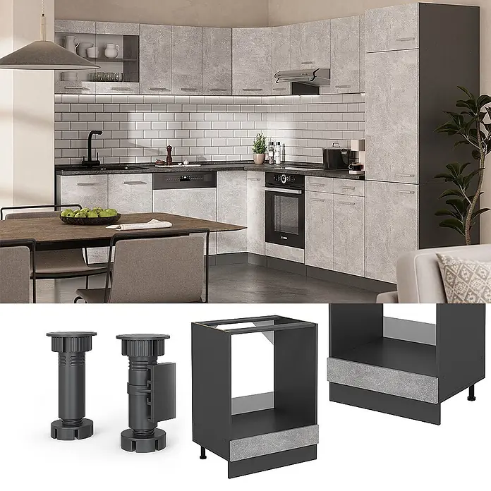 Vicco Schrankküche R-Line Beton, AP Eiche - Beton, Herdumbauschrank 60 cm, AP Eiche - Moderne Küche mit strukturierten grauen Schränken, schwarzer Arbeitsplatte und Ofenunterschrank. Verstellbare Füße sind abgebildet.