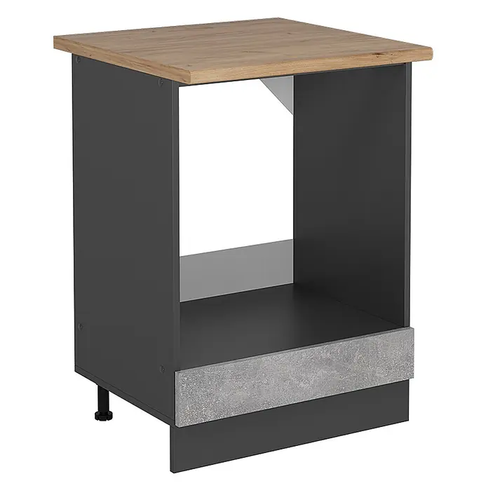 Vicco Schrankküche R-Line Beton, AP Eiche - Beton, Herdumbauschrank 60 cm, AP Eiche - Dunkelgrauer Unterschrank mit Eicheneffekt-Platte, offenem Fach und Betonoptik-Blende.