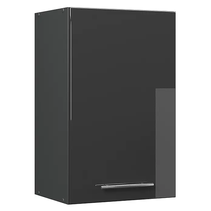 Vicco Schrankküche Fame-Line Anthrazit Hochglanz - Anthrazit Hochglanz, Hängeschrank 45 cm - Anthrazitfarbener Hängeschrank mit einem waagerechten silbernen Griff.
