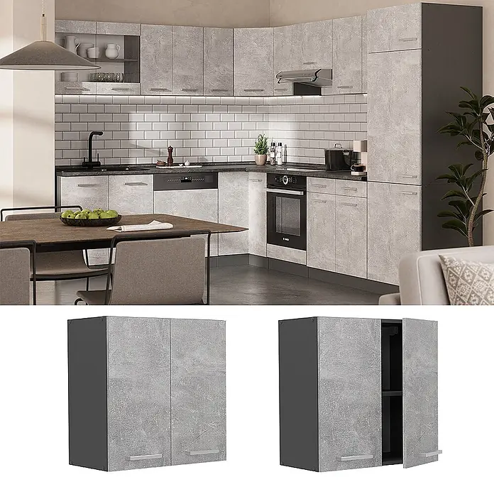 Vicco Schrankküche R-Line Beton - Beton, Hängeschrank 60 cm - Graues Küchenschranksystem in Betonoptik, gezeigt in moderner Küche und als zweitüriger Oberschrank.