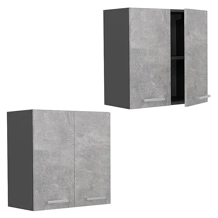 Vicco Schrankküche R-Line Beton - Beton, Hängeschrank 60 cm - Zwei Hängeschränke mit dunkelgrauem Korpus und hellgrauen Beton-Look-Türen, einer offen mit Regalböden. Silberne Griffe.