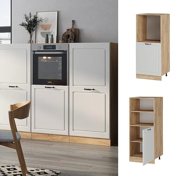 Vicco Schrankküche R-Line Weiß Landhaus - Weiß Landhaus, Backofenumbauschrank 60 cm (halb) - Modulare Küchenschränke in heller Holzoptik und Weiß, mit eingebautem Backofen und hohem Regalschrank.