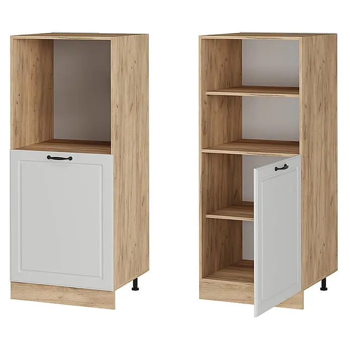 Vicco Schrankküche R-Line Weiß Landhaus - Weiß Landhaus, Backofenumbauschrank 60 cm (halb) - Hoher heller Holzschrank mit offener Nische und grauer Tür, sowie mit Regalböden und angelehnter grauer Tür.