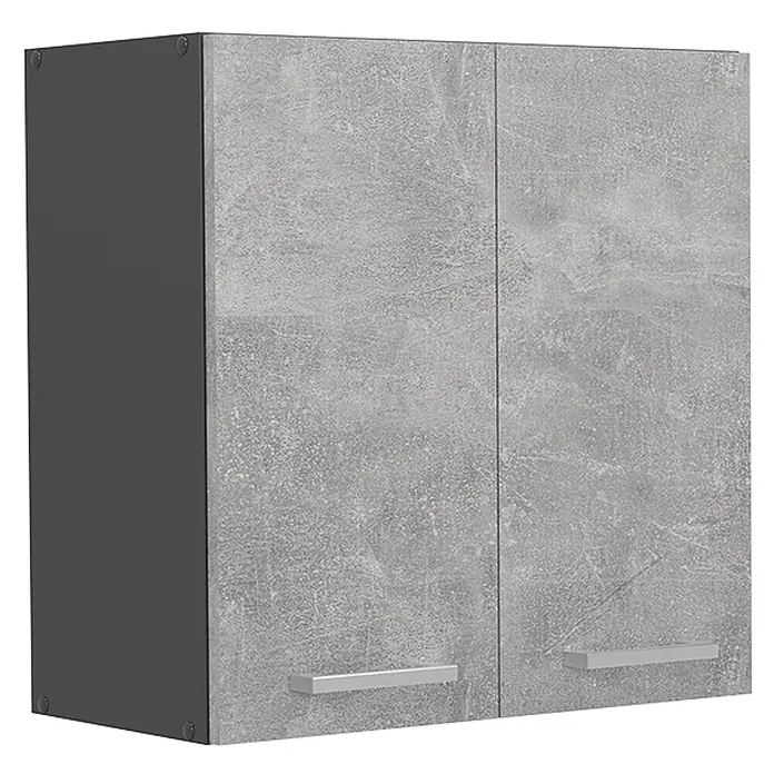 Vicco Schrankküche R-Line Beton - Beton, Hängeschrank 60 cm - Grauer Hängeschrank mit zwei Türen in Betonoptik, dunklen Seiten und silbernen Griffen.