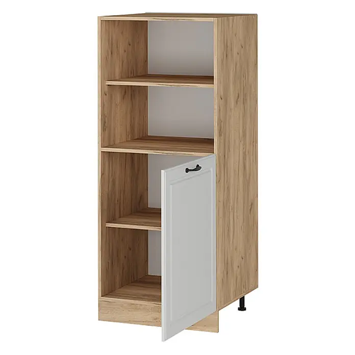 Vicco Schrankküche R-Line Weiß Landhaus - Weiß Landhaus, Backofenumbauschrank 60 cm (halb) - Hoher Küchenschrank in heller Holzoptik mit offenen Fächern und einer weißen Paneeltür mit schwarzem Griff.