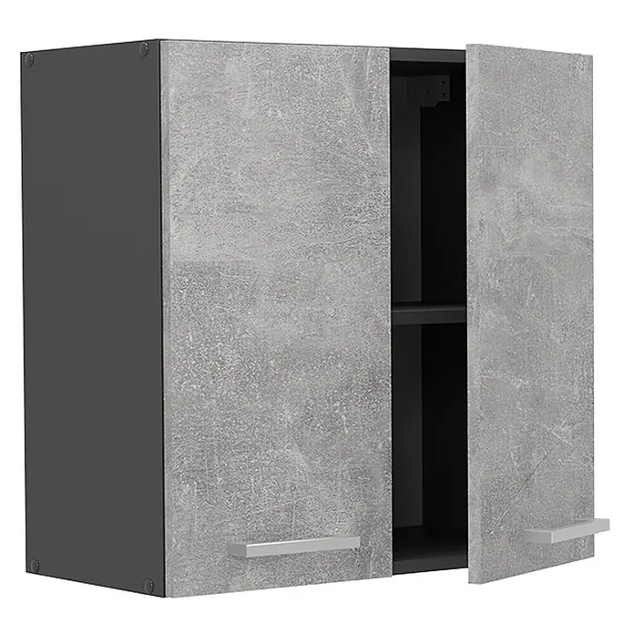 Vicco Schrankküche R-Line Beton - Beton, Hängeschrank 60 cm - Dunkelgrauer Wandschrank mit zwei hellgrauen Türen in Betonoptik und silbernen Griffen. Eine Tür ist leicht geöffnet und zeigt ein Innenregal.