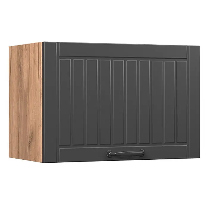 Vicco Schrankküche Fame-Line Dunkelgrau Flach - Dunkelgrau, Hängeschrank 60 cm (flach) - Dunkelgrauer Küchenoberschrank mit Holzoptik-Seite, vertikaler Verkleidung und schwarzem Griff.
