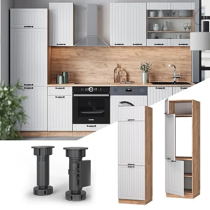 Vicco Schrankküche Fame-Line Weiß Landhaus - Weiß Landhaus, Kühlumbauschrank 60 cm - Moderne weiße Küchenschränke mit geriffelten Türen, dunklen Griffen und Holzdetails, gezeigt mit Geräten und verstellbaren Füßen.