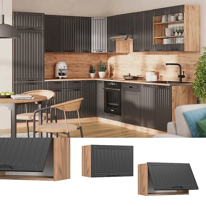 Vicco Schrankküche Fame-Line Dunkelgrau Flach - Dunkelgrau, Hängeschrank 60 cm (flach) - Moderne Küche mit dunkelgrauen geriffelten Schränken und hellen Holzpaneelen, zeigt einen nach oben öffnenden Wandschrank in Gebrauch.