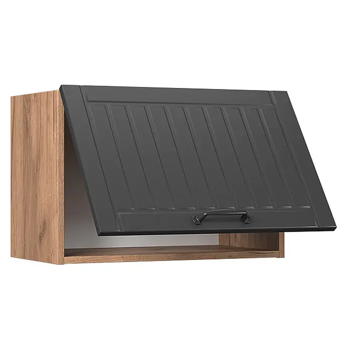 Vicco Schrankküche Fame-Line Dunkelgrau Flach - Dunkelgrau, Hängeschrank 60 cm (flach) - Wandschrank mit Eicheneffektrahmen und dunkelgrauer Lamellen-Klapptür mit Griff.