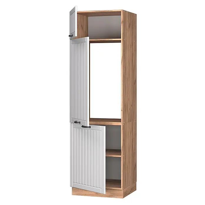 Vicco Schrankküche Fame-Line Weiß Landhaus - Weiß Landhaus, Kühlumbauschrank 60 cm - Hoher Holzschrank mit weißen Lamellentüren, teils offen, zeigt Innenfächer und ein leeres Mittelfach.