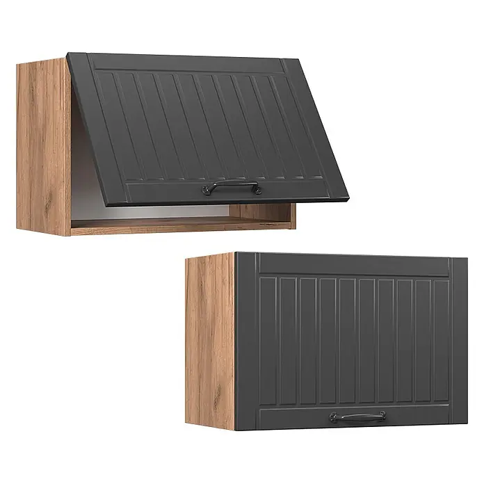 Vicco Schrankküche Fame-Line Dunkelgrau Flach - Dunkelgrau, Hängeschrank 60 cm (flach) - Zwei Hängeschränke: einer mit offener dunkelgrauer Rillentür, einer geschlossen. Mit Holzoptik-Seiten.