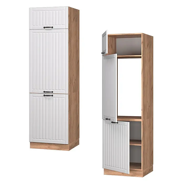 Vicco Schrankküche Fame-Line Weiß Landhaus - Weiß Landhaus, Kühlumbauschrank 60 cm - Hoher Küchenschrank mit weißen Lamellentüren und hellem Holzdekorrahmen, geschlossen und offen mit Regalen gezeigt.