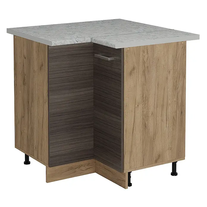 Vicco Schrankküche R-Line Edelgrau AP Marmor - Edelgrau, Eckunterschrank, AP Marmor - Eckunterschrank für die Küche mit heller Marmoroptik-Arbeitsplatte, hellen Holzmaserungsseiten und dunkler Holzmaserungsfront mit Griff.