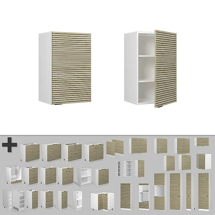 Vicco Schrankküche Fame-Line Eiche Paneel - Eiche Paneel, Hängeschrank 45 cm - Modulare Küchenschränke mit weißen Korpen und hellen Holzlamellentüren/Schubladen in verschiedenen Konfigurationen.