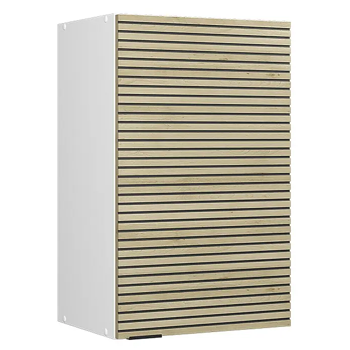 Vicco Schrankküche Fame-Line Eiche Paneel - Eiche Paneel, Hängeschrank 45 cm - Weißer Schrank mit Front aus hellen Holzlamellen.
