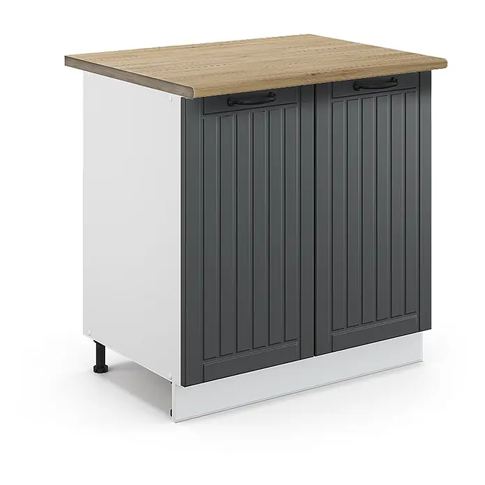 Vicco Schrankküche Fame-Line Anthrazit Landhaus mit Regal, AP Eiche - Anthrazit Landhaus, Unterschrank 80 cm, AP Eiche - Küchenunterschrank mit Holzplatte, dunkelgrauen Rilltüren, schwarzen Griffen und weißer Seitenplatte auf verstellbaren Füßen.