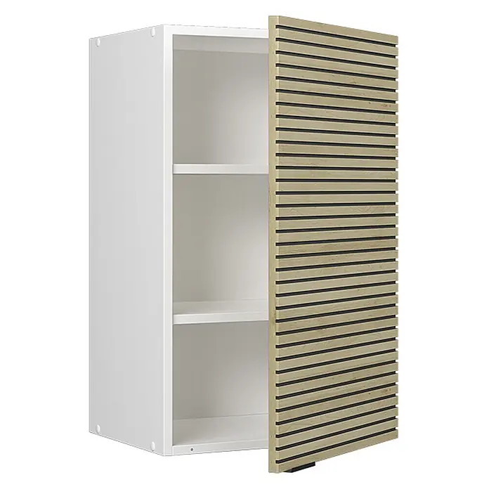Vicco Schrankküche Fame-Line Eiche Paneel - Eiche Paneel, Hängeschrank 45 cm - Weißer Schrank mit zwei Regalböden und leicht geöffneter Lamellentür aus hellem Holz.