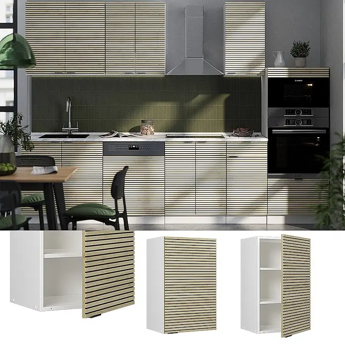 Vicco Schrankküche Fame-Line Eiche Paneel - Eiche Paneel, Hängeschrank 45 cm - Moderne Küchenschränke mit hellen Holzlamellenfronten, eine stilvolle Aufbewahrungslösung.