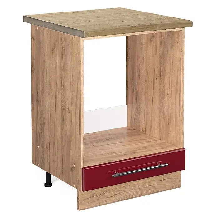 Vicco Schrankküche Fame-Line Bordeaux Hochglanz, AP Eiche - Bordeaux Hochglanz, Herdumbauschrank 60 cm, AP Eiche - Heller Holzoptik-Schrank mit offenem Fach für Gerät und glänzender roter Schublade.