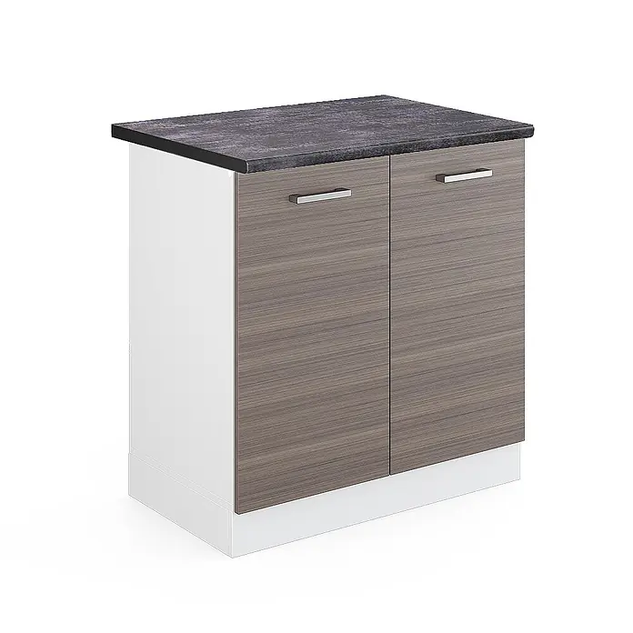 Vicco Schrankküche R-Line Edelgrau, AP Anthrazit - Edelgrau, Spülenunterschrank 80 cm - Zweitüriger Unterschrank mit dunkler texturierter Arbeitsplatte, Holztüren und weißem Rahmen.