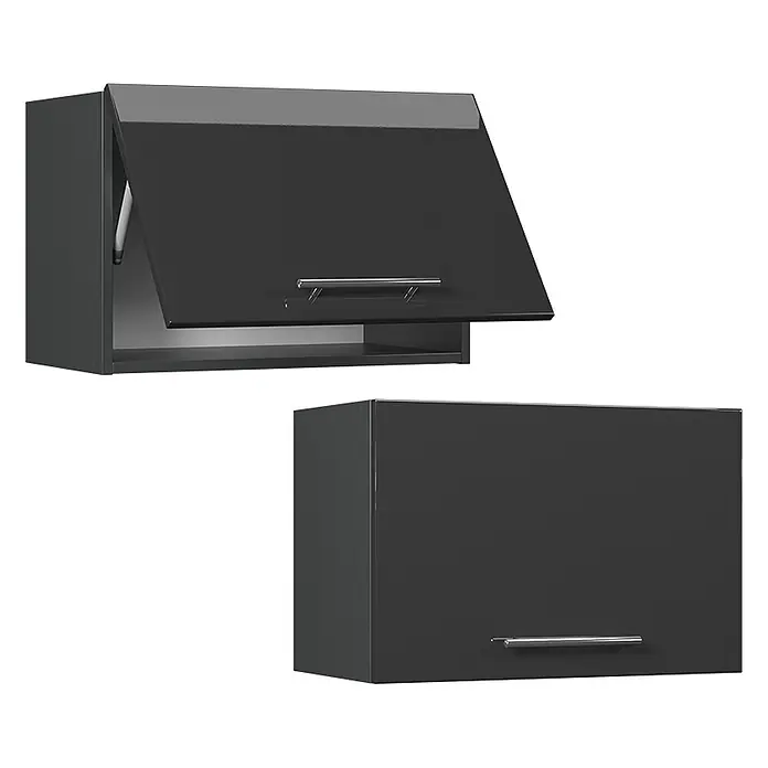 Vicco Schrankküche Fame-Line Anthrazit Hochglanz Flach - Anthrazit Hochglanz, Hängeschrank (flach) 60 cm - Zwei dunkelgraue Hochglanz-Hängeschränke, einer mit geöffneter Lifttür und einer geschlossen, beide mit silbernen Griffen.