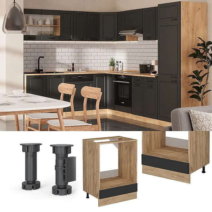 Vicco Schrankküche R-Line Anthrazit Landhaus, AP Anthrazit - Anthrazit Landhaus, Herdumbauschrank 60 cm, AP Anthrazit - Verstellbare schwarze Möbelfüße und ein Unterschrank aus Holz für einen Ofen in einer modernen dunkelgrauen Küche.