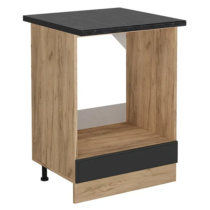 Vicco Schrankküche R-Line Anthrazit Landhaus, AP Anthrazit - Anthrazit Landhaus, Herdumbauschrank 60 cm, AP Anthrazit - Unterschrank aus hellem Holz mit schwarzer Arbeitsplatte und Sockelleiste, für Backofen.