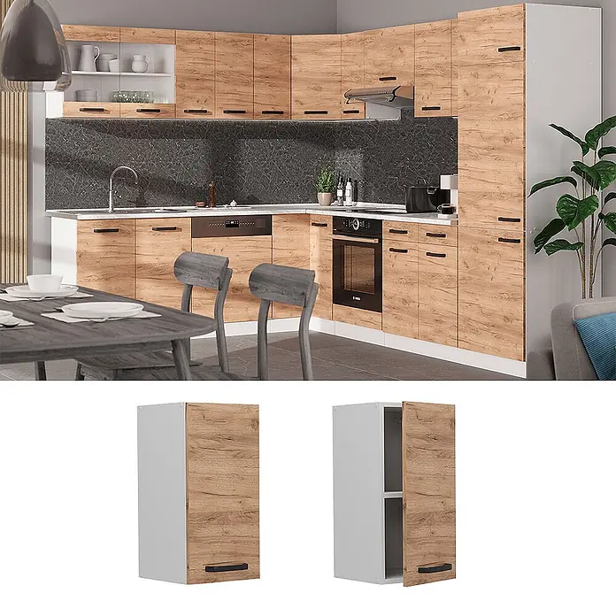 Vicco Schrankküche R-Line Goldkraft Eiche - Goldkraft Eiche, Hängeschrank 30 cm - Moderne L-förmige Küche mit hellen Holzoptik- und weißen Schränken, schwarzen Griffen, Einbaugeräten und dunklem Fliesenspiegel.