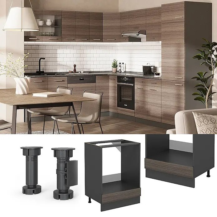 Vicco Schrankküche R-Line Edelgrau, AP Anthrazit - Edelgrau, Herdumbauschrank 60 cm, AP Anthrazit - Modulare Küchenschränke mit Holzoptikfronten, verstellbaren Füßen und integrierten Sockelblenden. Gezeigt in moderner Küchenumgebung.