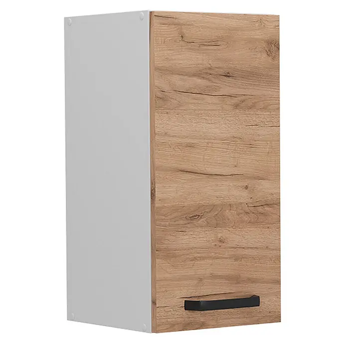 Vicco Schrankküche R-Line Goldkraft Eiche - Goldkraft Eiche, Hängeschrank 30 cm - Weißer Wandschrank mit heller Holzmaserung und schwarzem Griff.
