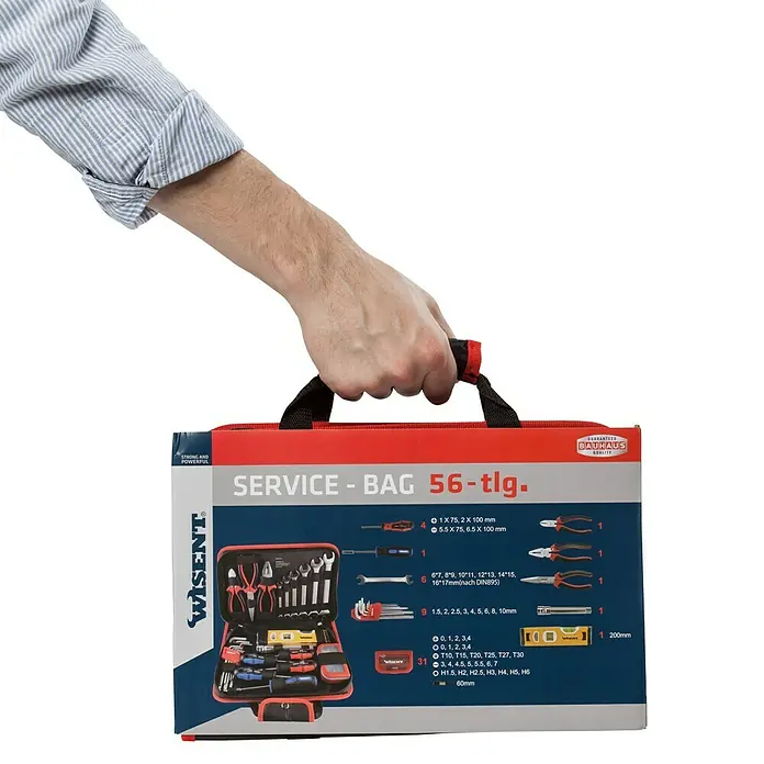 Wisent Maletín de herramientas Servicebag - 56 pzs. - Primer plano de una WISENT Service-Bag de 56 piezas sostenida por una persona.