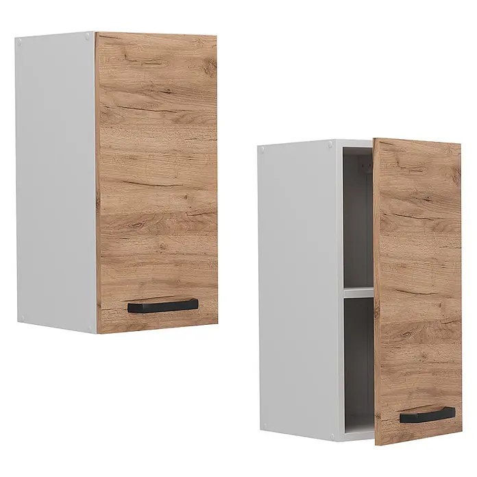Vicco Schrankküche R-Line Goldkraft Eiche - Goldkraft Eiche, Hängeschrank 30 cm - Zwei weiße Hängeschränke mit Holztüren und schwarzen Griffen; einer geschlossen, einer offen mit Regal.