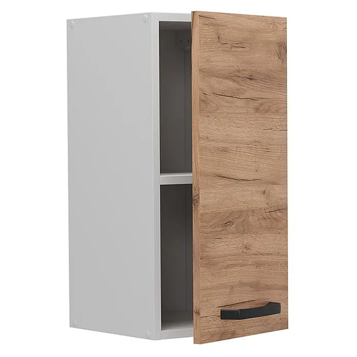 Vicco Schrankküche R-Line Goldkraft Eiche - Goldkraft Eiche, Hängeschrank 30 cm - Hängeschrank mit weißem Korpus und hellbrauner Tür mit Holzdekor, leicht geöffnet, zeigt zwei Regalböden. Mit schwarzem Griff.