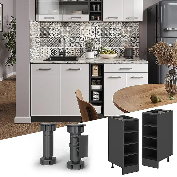 Vicco Schrankküche R-Line Anthrazit ohne Arbeitsplatte - Anthrazit, Regalunterschrank 30 cm - Modulare Küche mit weißen Hochglanz-Unterschränken, dunkelgrauen offenen Regalen, sowie separaten dunkelgrauen verstellbaren Füßen und Modulkorpusse.