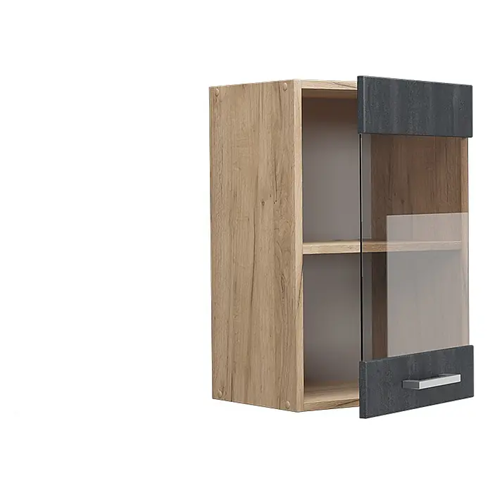 Vicco Schrankküche R-Line Schwarz Beton - Schwarz Beton, Hängeglasschrank 40 cm - Wandschrank aus hellem Holz mit Glastür, dunkelgrauen Akzenten und silbernem Griff, sowie einem Einlegeboden.