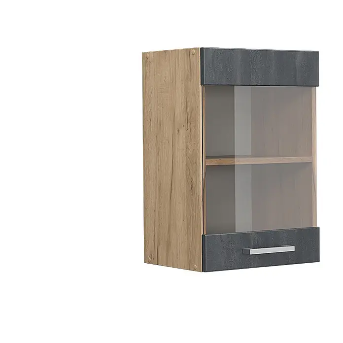 Vicco Schrankküche R-Line Schwarz Beton - Schwarz Beton, Hängeglasschrank 40 cm - Wandschrank mit Holzmaserung, dunkelgrauen Akzenten, Glasfront mit Regal und silbernem Griff.