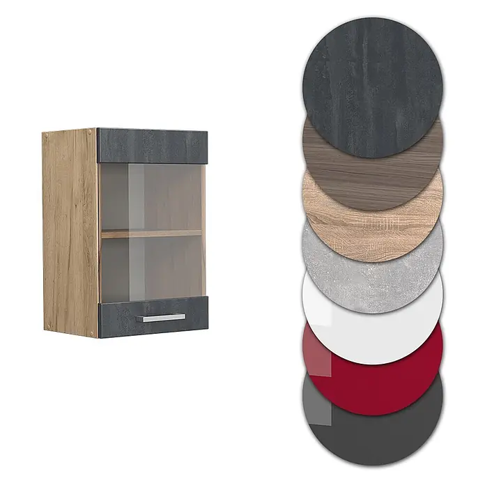 Vicco Schrankküche R-Line Schwarz Beton - Schwarz Beton, Hängeglasschrank 40 cm - Wandhängeschrank mit Glastür, hellen Holzseiten, dunklen Akzenten und Materialmustern in Holz, Stein, Weiß, Rot, Dunkelgrau.