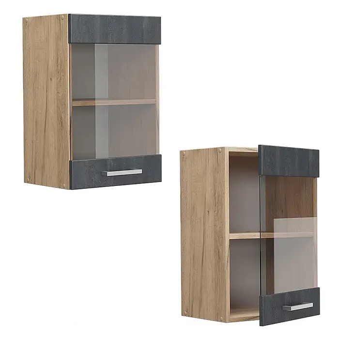 Vicco Schrankküche R-Line Schwarz Beton - Schwarz Beton, Hängeglasschrank 40 cm - Hängeschrank in heller Holzoptik mit dunkelgrauen Akzenten, Glastür und kleiner Schublade.
