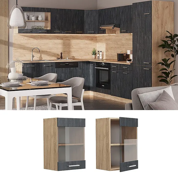 Vicco Schrankküche R-Line Schwarz Beton - Schwarz Beton, Hängeglasschrank 40 cm - Hängeschrank aus hellem Holz mit dunkelgrauen Ober-/Unterseiten und Glastür zur Aufbewahrung.