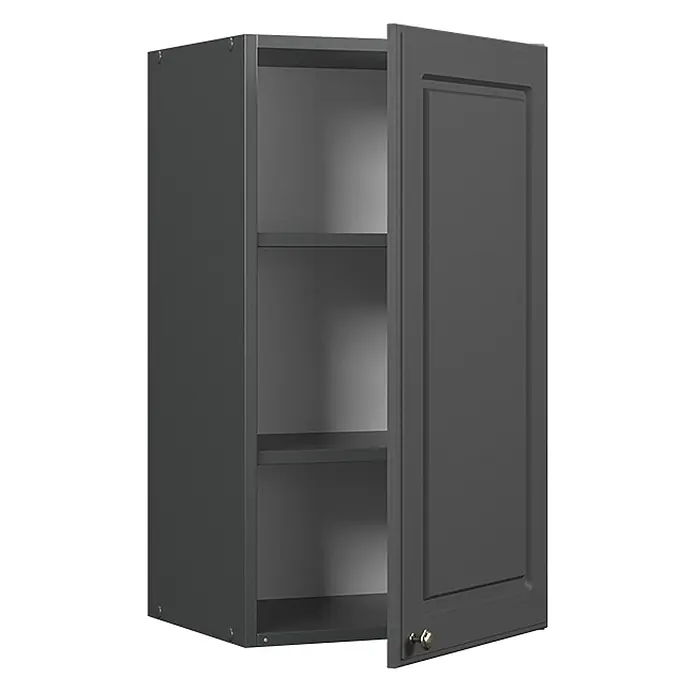 Vicco Schrankküche Fame-Line Anthrazit-Gold Landhaus - Anthrazit-Gold Landhaus, Hängeschrank 40 cm - Dunkelgrauer Hängeschrank mit einer leicht geöffneten Kassettentür, die zwei Innenregale und einen goldenen Knopf zeigt.